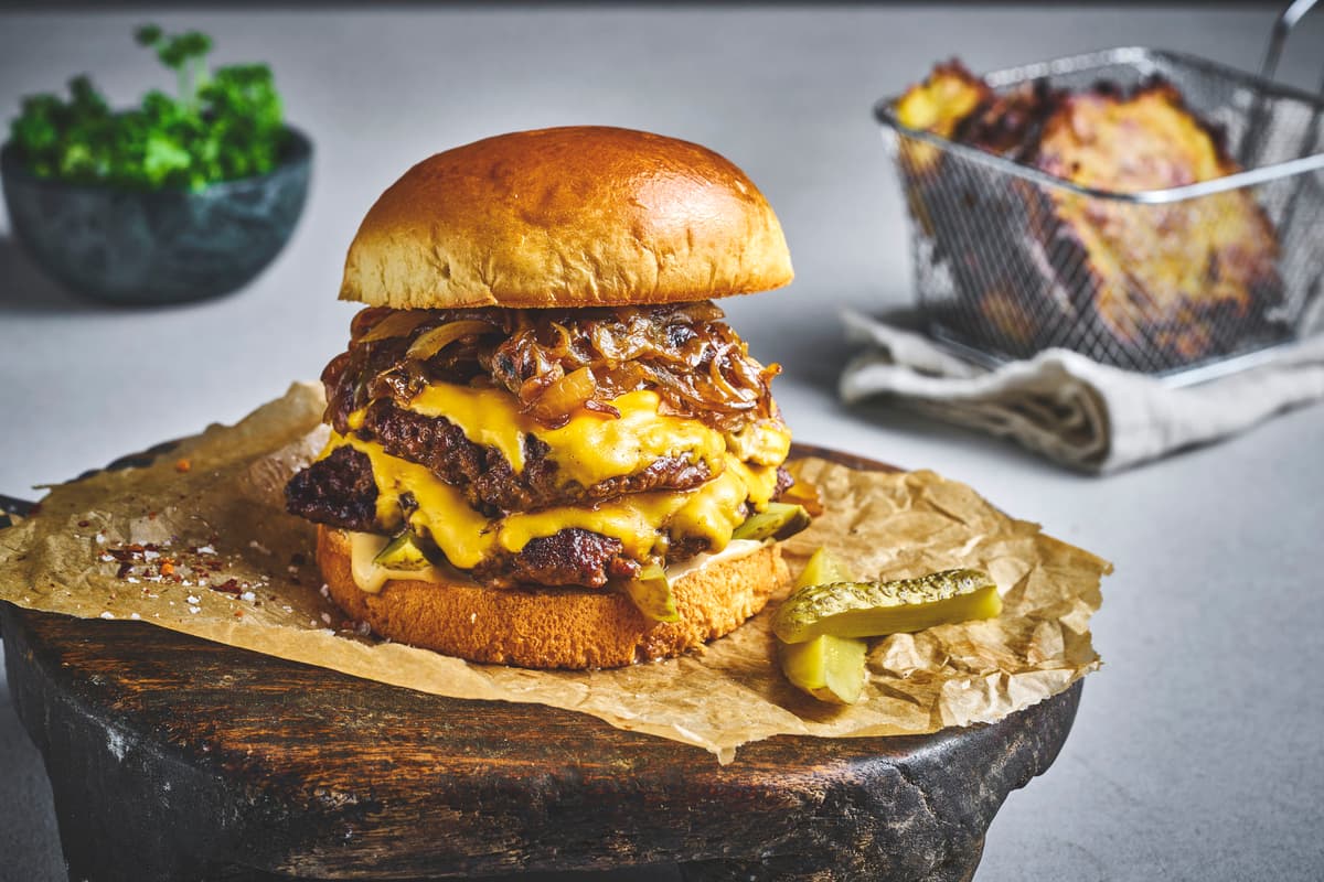 Smash Burger with Cheese and Caramelized Onions