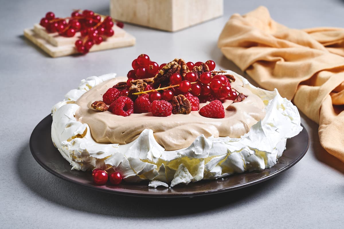 Pavlova with Chocolate Cream and Raspberries