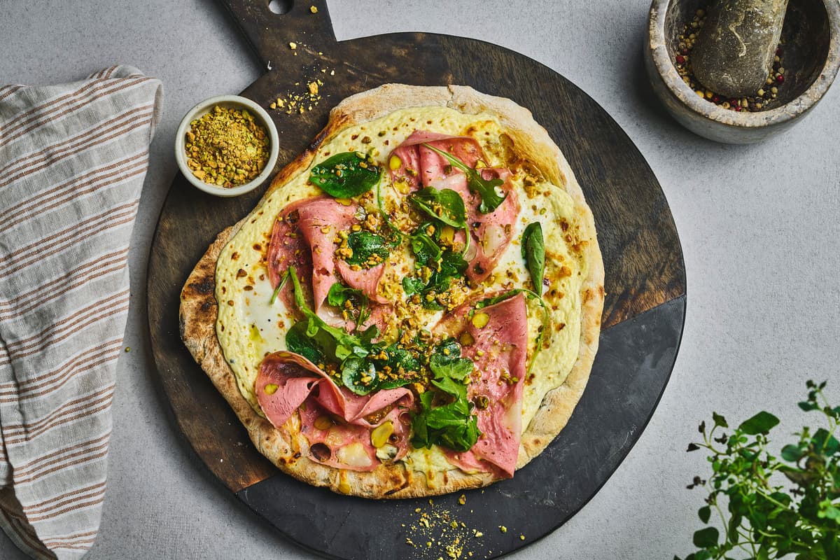 Pizza with Mortadella and Pistachio