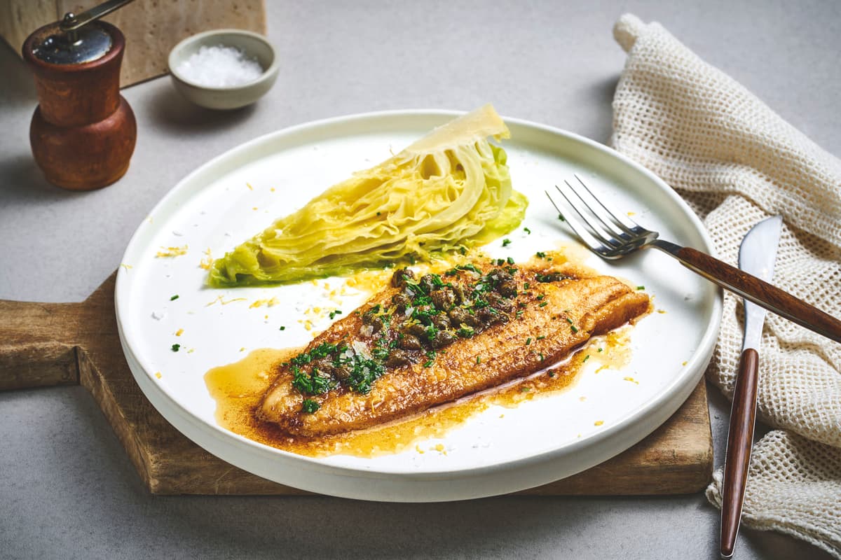 Flounder with Steamed Cabbage and Caper Butter