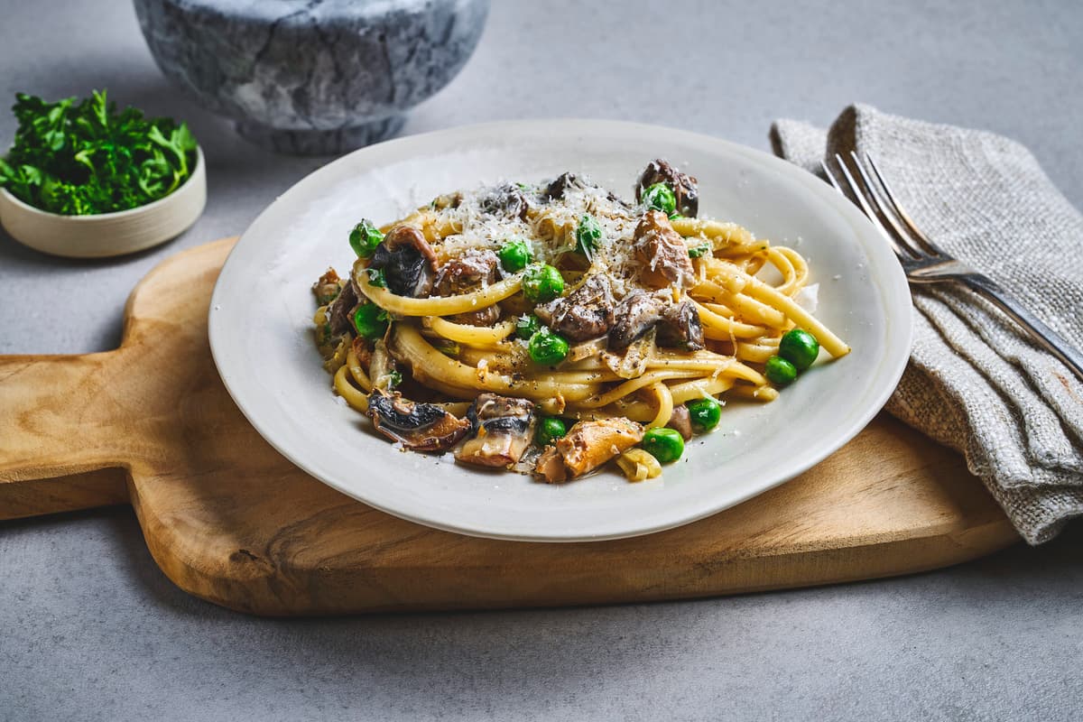 Creamy Pasta with Wild Mushrooms and Peas